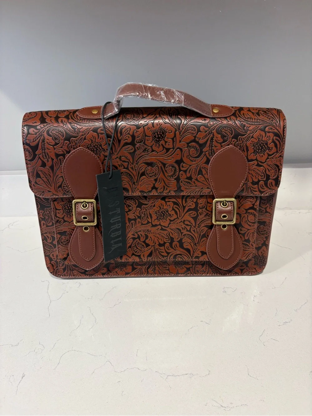 Floral Embossed Disturbia brand brown vegan Leather Satchel Messenger Bag